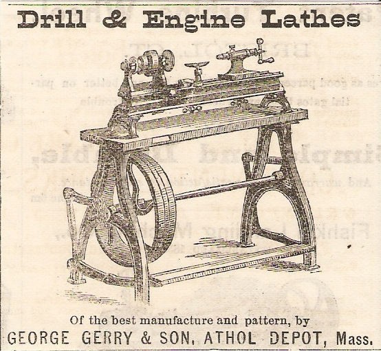   1878 GERRY DRILL & ENGINE LATHES TOOL AD ATHOL DEPOT MA MASSACHUSETTS