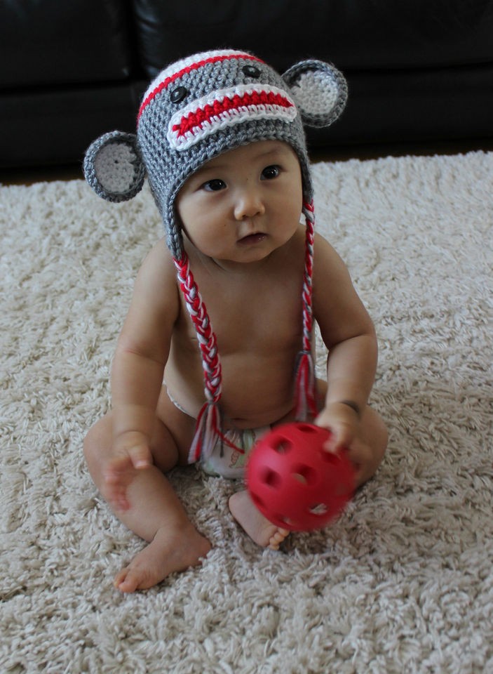Cute** Crochet Baby/Toddler Sock Monkey Hat   Traditional Grey w 