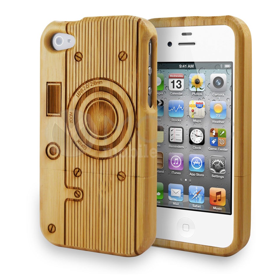   iPhone 4 4S Wooden Hard Natural Bamboo Case Camera Line + Protector