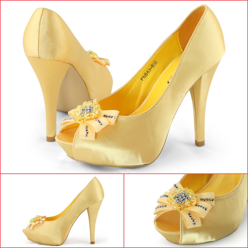 SHOEZY womens wedding dress yellow satin flower peep toe platform 