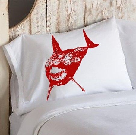 Two Red Great White Shark bedding nautical pillowcases