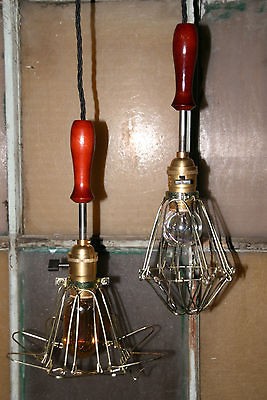   Pendant Lights Vintage Style Wire Cage Guard  Industrial Wood Handle