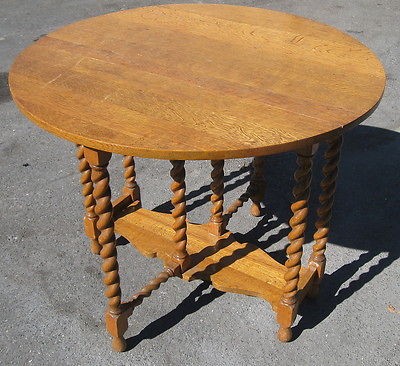 ANTIQUE QUARTER SAWN OAK BARLEY TWIST GATE LEG TABLE