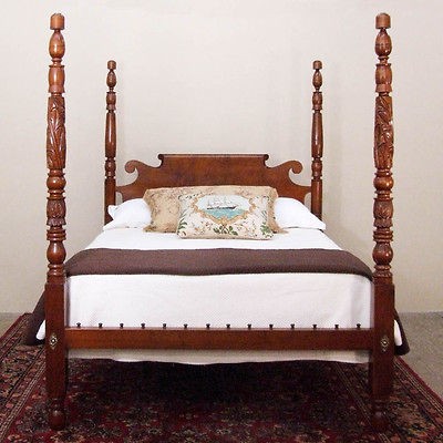 Antique Acanthus Carved Tall Post Rope Bed Queen Size