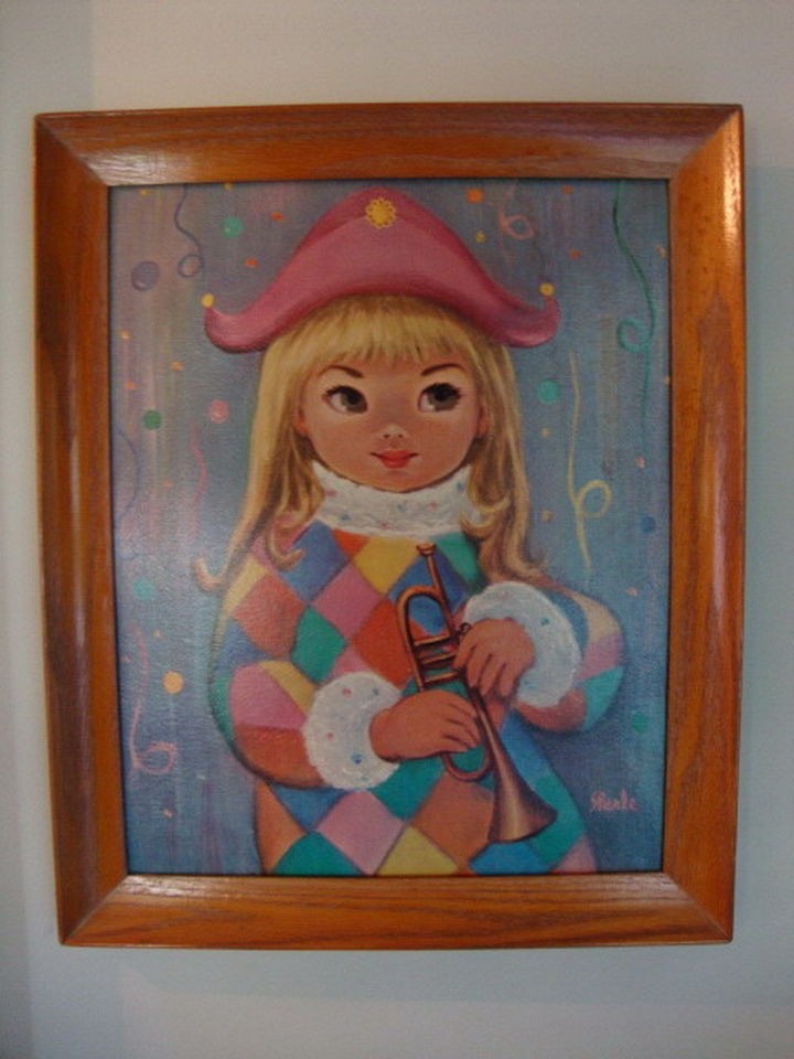   by Sherle 1960’s Framed Mid Century Harlequin Big Eye Mod Girl