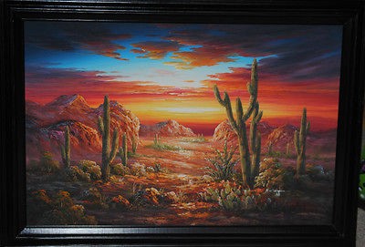 Southwest DESERT LANDSCAPE CACTUS AT SUNSET/SUNRISE by B. DUGGAN   OIL 