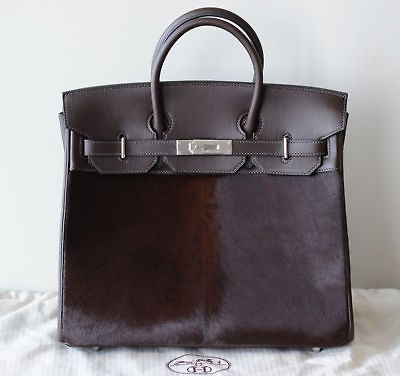 HERMES DARK BROWN HAVANE HAC TALL BIRKIN BAG 32CM SWIFT TROIKA FUR 