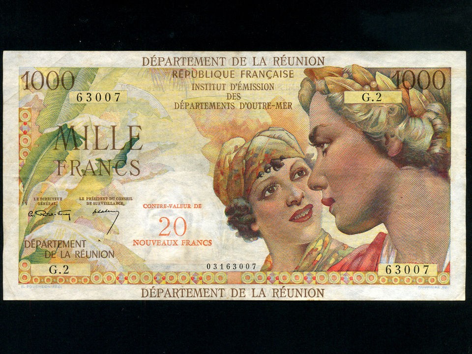 ReunionP 55,1000 Francs = 20 Nouveaux Fr.,1967 * French Rule * RARE