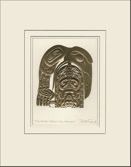 BILL REID Embossed GOLD PRINT Haida RAVEN STEALS SALMON