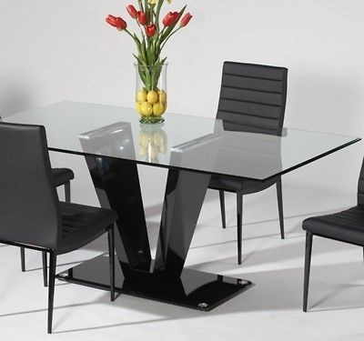 Rectangular Modern Victoria Glass Top Dining Table with Black V Base