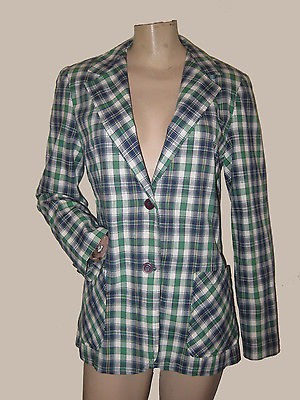   70s 80s Navy Blue/Green Plaid Preppy Boyfriend Blazer Jacket S/M