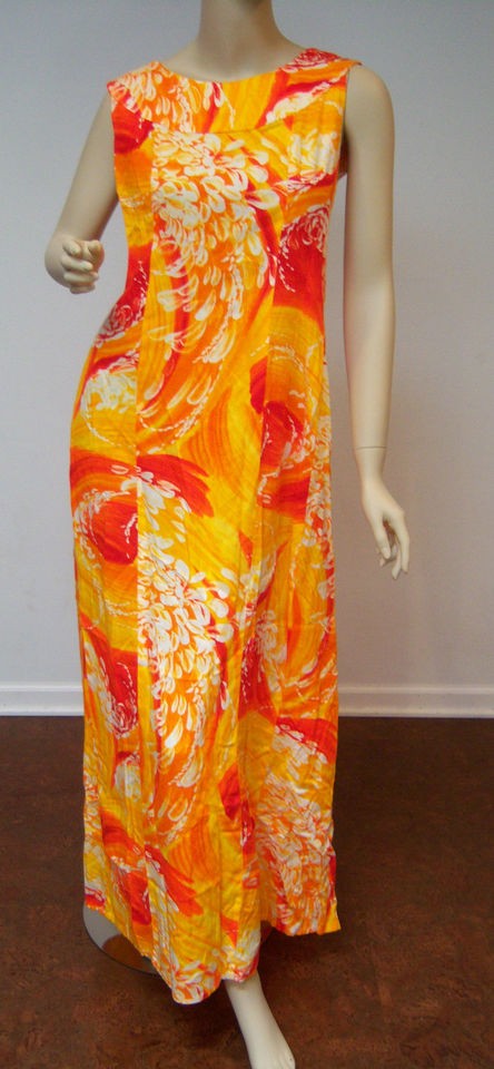 Vintage 1960s Pananana Hawaiian Polynesian Neon Orange Floral Maxi 