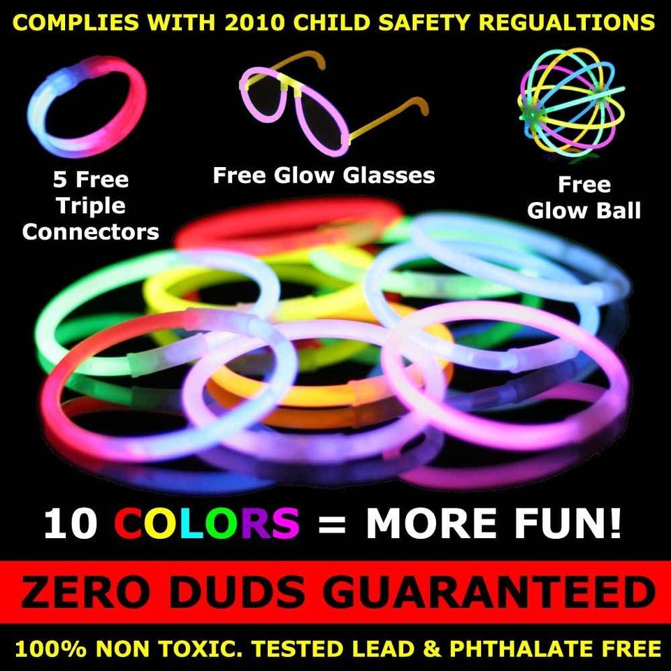 200 Premium 8 Glow Stick Bracelets (with bonus connectors, glow 