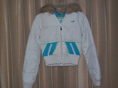 HOLLISTER junior short jacket. size SM. White/Turquoise trim. Feather 