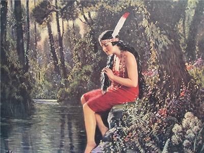 INDIAN MAIDEN BRAIDING HER HAIR BESIDE STREAM L.GODDARD