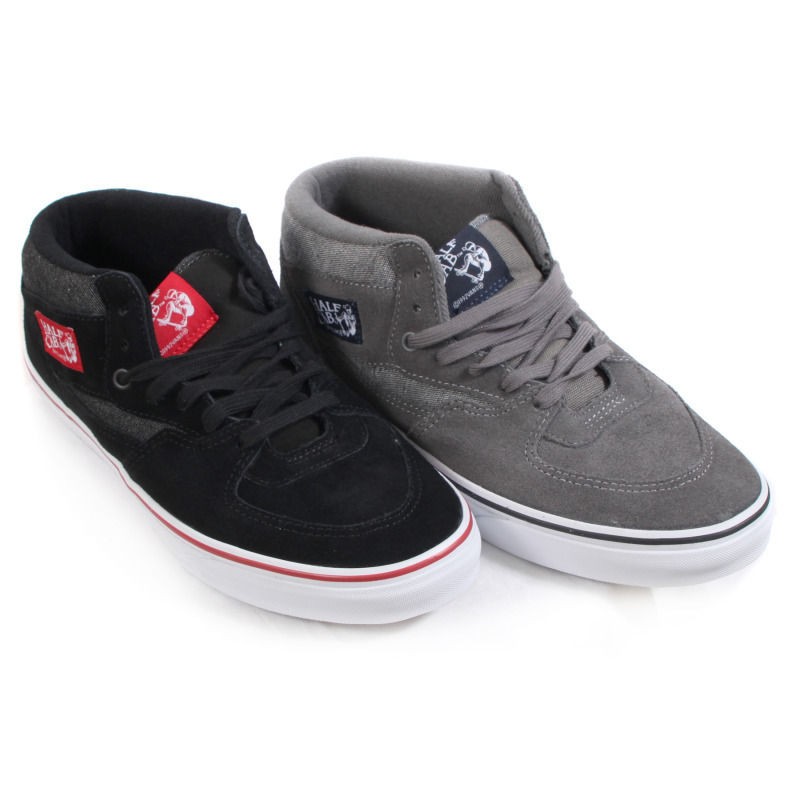 VANS MENS HALF CAB CHAMBRAY TRAINERS BLACK RED WHIT​E/ PEWTER TRUE 