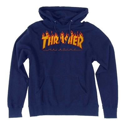 Thrasher Magazine FLAMES Pullover Skateboard Hoodie NAVY MEDIUM