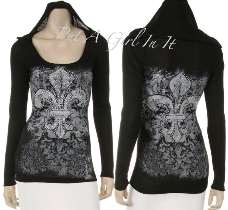 CRYSTAL PLUS SIZE BLACK HOODIE FLEUR DE LIS WESTERN BIKER CHIC SHIRT 