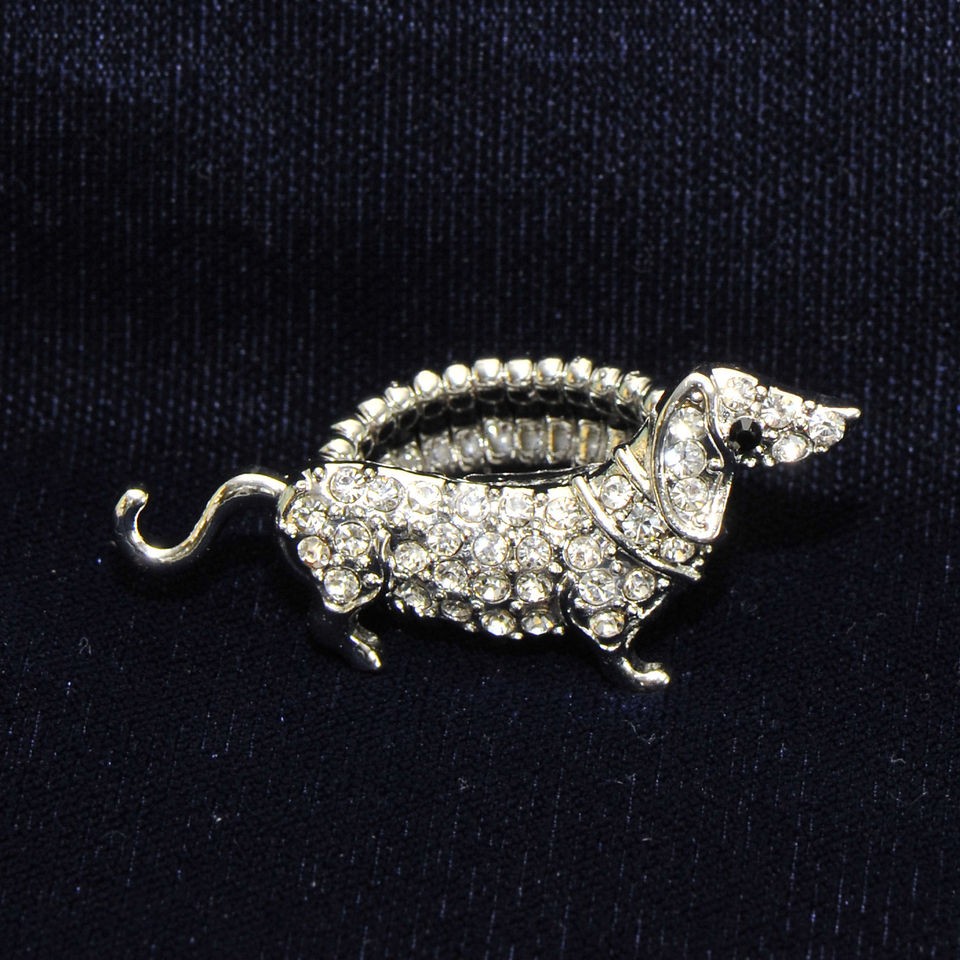 Silver & CRYSTAL DACHSHUND DOG STRETCH RING NEW free ship in USA 