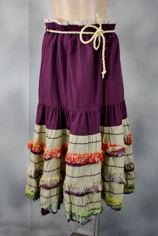 NEW NWT PICASSO Boho Peasant Raw Edge Tiered Skirt Rope Belt PLUM 