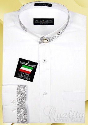 White Daniel Ellissa 18.5 34/35 Paisley Trim Nehru Tab Collar & Cuff 