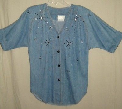 MARSHALL ROUSSO USA VTG DENIM Chambray STUDDED Western TOP SHIRT 