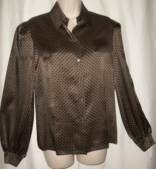 CELINE made in FRANCE SHIRT BLOUSE EURO 40 US 10 100% SILK BROWN