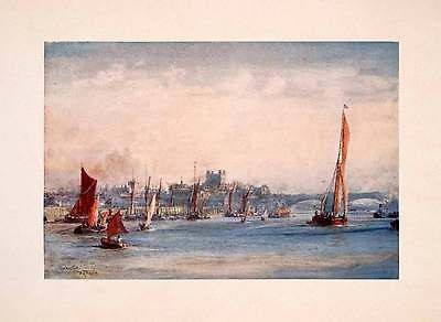 1905 Print Rochester Castle William Wyllie Medway Kent Bridge Barge 