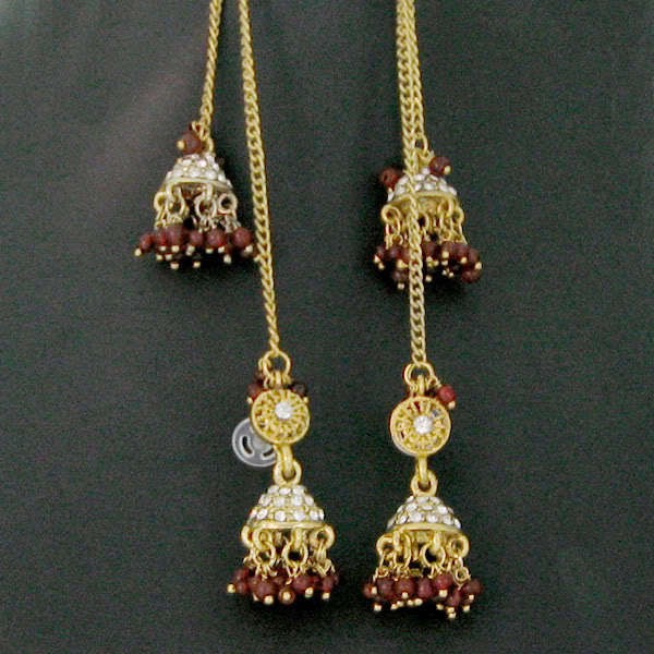 CUTE GOLD TONE CZ BEADS JHUMKA EARRINGS+EAR CHAIN~INDIA