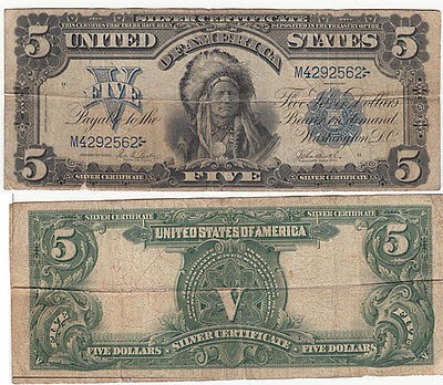 1899 $5 Silver Certificate . Indian Chief