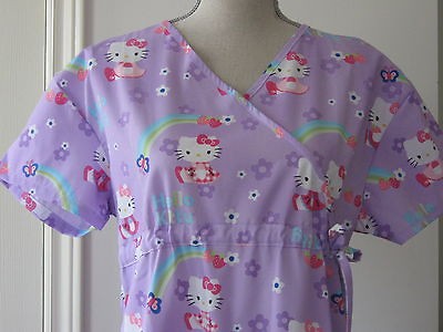 NEW Nursing Medical Scrubs Wrap Top Hello KItty Purple LARGE