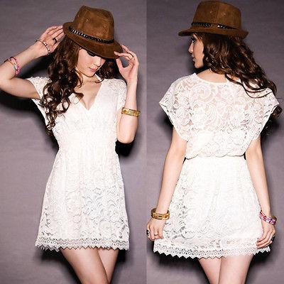 New Womens See through Deep V neck Lace Tunic White Mini Dress Long 