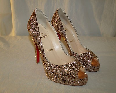 3995 Christian Louboutin Very Prive Riche Gold Crystal Peep Toe Pumps 