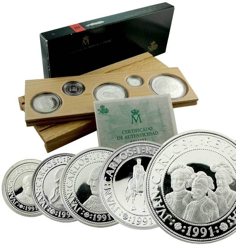 SPAIN 1991 Silver Proof 5 Coin Set = DISCOVERY OF AMERICA = Wooden 