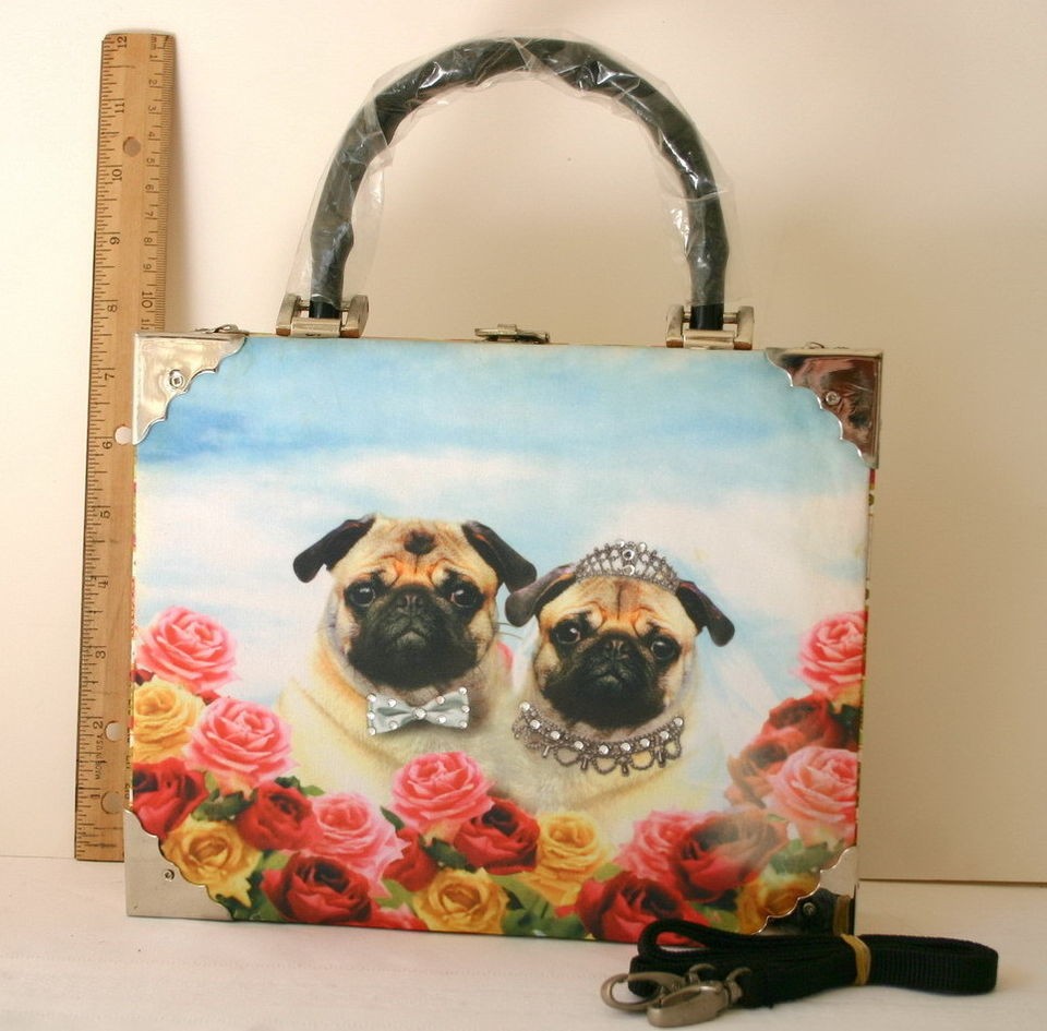 Pug Wedding Cigar Box Purse Cute as Heck Rhinestones Short & Long 