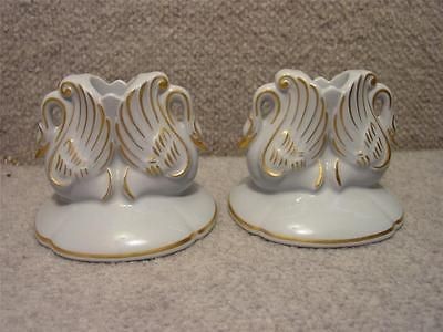 Pair of Vintage German Blue Porcelain Swan Candle Holders