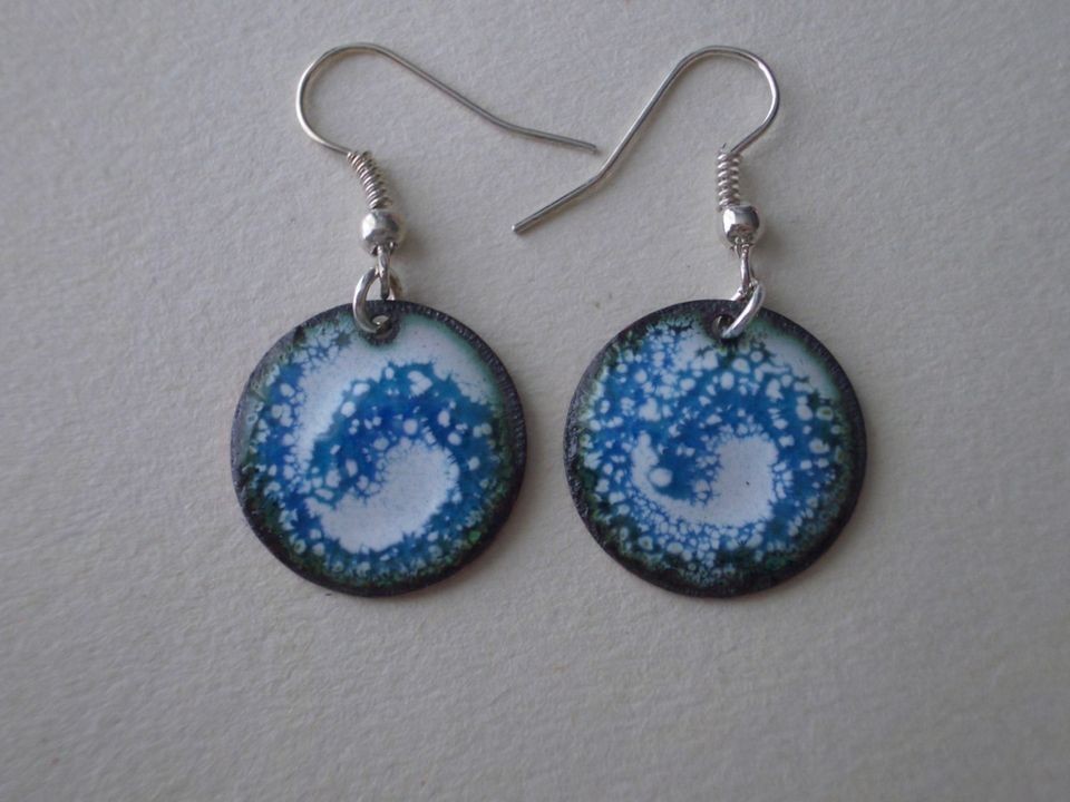 Snow Swirl Earrings   Kiln Fired Enamel on Copper   Blue & White 