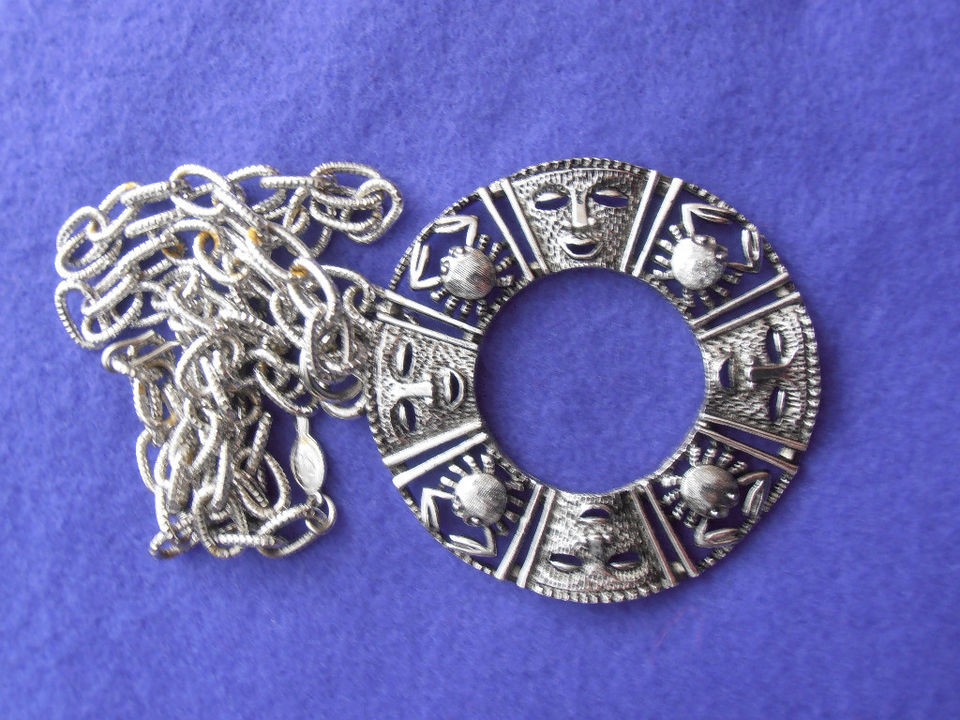 Sarah Coventry Vintage Costume Silvertone Mayan Aztec Zodiac Pendant 