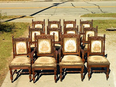   Victorian Tiger Oak North Wind Highly Carved Dining Chairs circa 1880