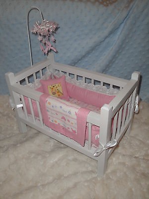 WOOD DOLL CRIB W/ BEDDING & MOBILE FOR OOAK POLYMER CLAY BABY DOLLS 