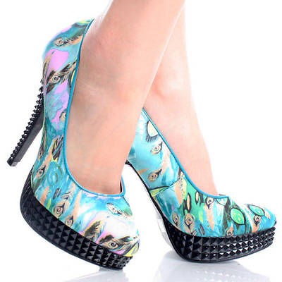 Green Satin Peacock Women Spike Stiletto Heel Platform Pumps Shoes 