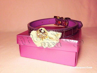 Purple pet Rhinestone pet dog Cat Real leather dog collar 8 10 XS 