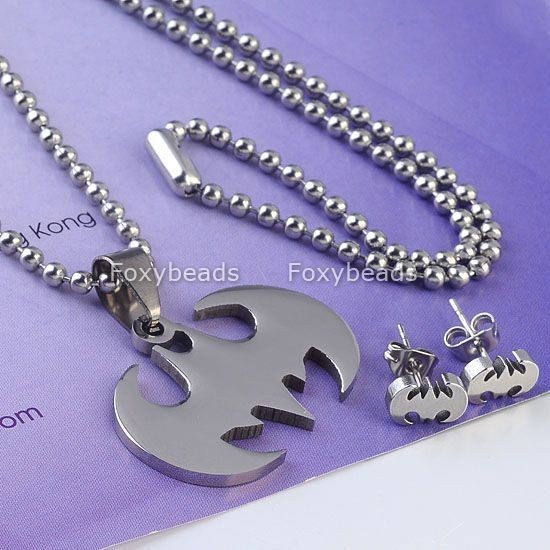   Batman Symbol Stainless Steel Necklace + Ear Stud Jewelry Set Punk