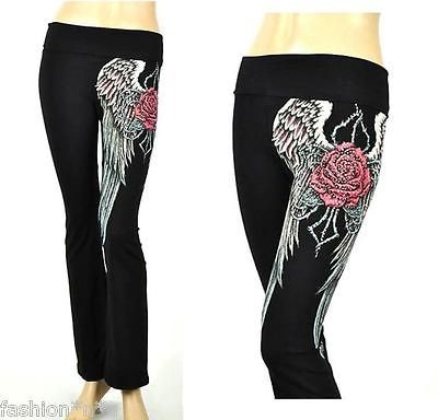 CRYSTAL ROSE ANGEL WINGS TATTOO BLACK YOGA PANTS LEGGINGS S & ED HARDY 