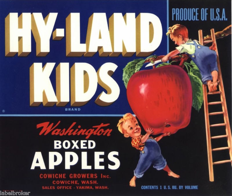 APPLE CRATE LABEL KIDS COWICHE YAKIMA VINTAGE LADDER BL