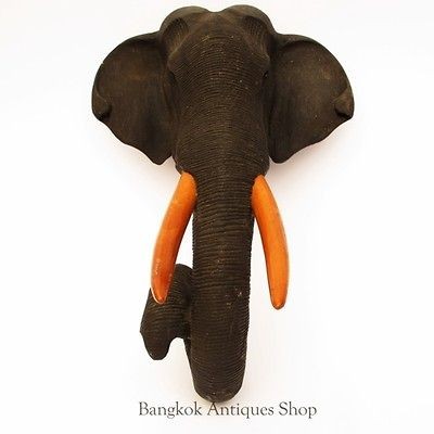   Large Thailand Elephant Head Wood Crave Statue wall Mount hang