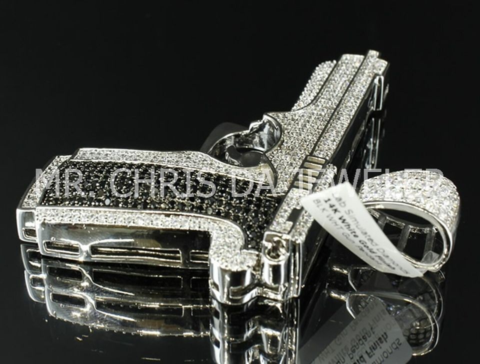 MENS LAB SIMULATED BLACK WHITE CUSTOM GUN LAB DIAMOND CHARM PENDANT 