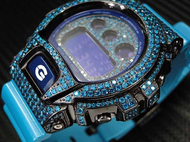 SHOCK/G SHOCK ICED OUT BLUE CUBIC ZIRCONIA WATCH CUSTOM BEZEL BLACK 