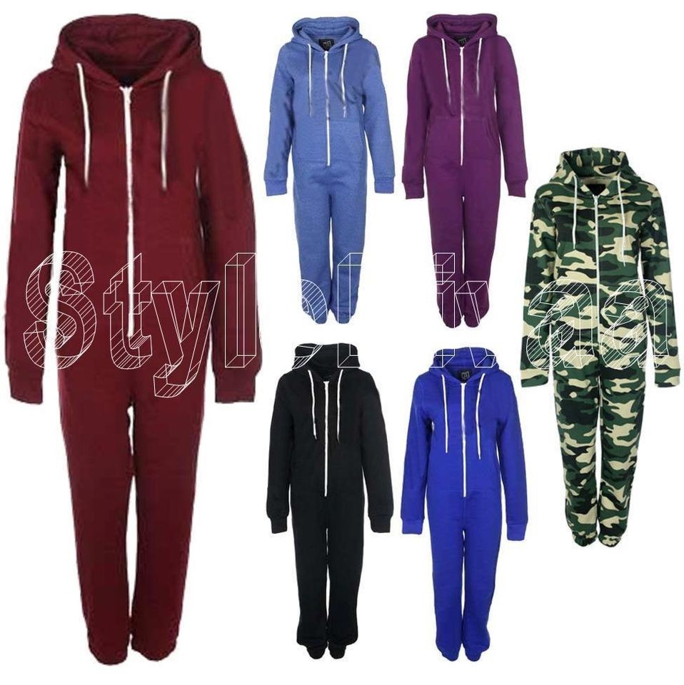 LADIES PLAIN ONE PIECE HOODY WOMENS ALL IN ONE ZIP ONESIE HOODIE 