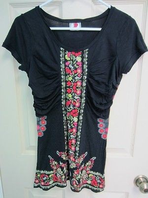 Free People Size Medium Black Beaded Tunic Top Ruched EUC